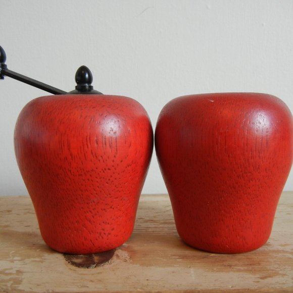 Vintage Retro Wooden Red Apple Salt Shaker and Pepper Grinder Set - Home Decor. - Picture 3 of 9